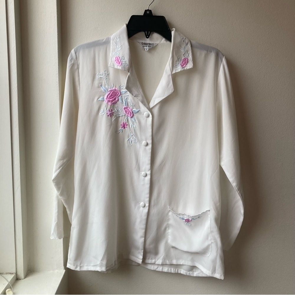 Vintage Embroidered White Blouse with Pink Floral Design 100% Silk